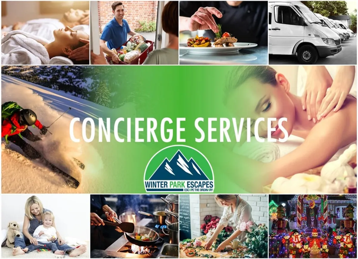 A collage-style image with text referencing concierge services, surrounded by visual depictions of local activities such as spa treatments, gourmet meals, skiing, family gatherings, cooking classes, and event planning. The variety of activities hints at a vibrant local scene and access to diverse experiences beyond the property itself.