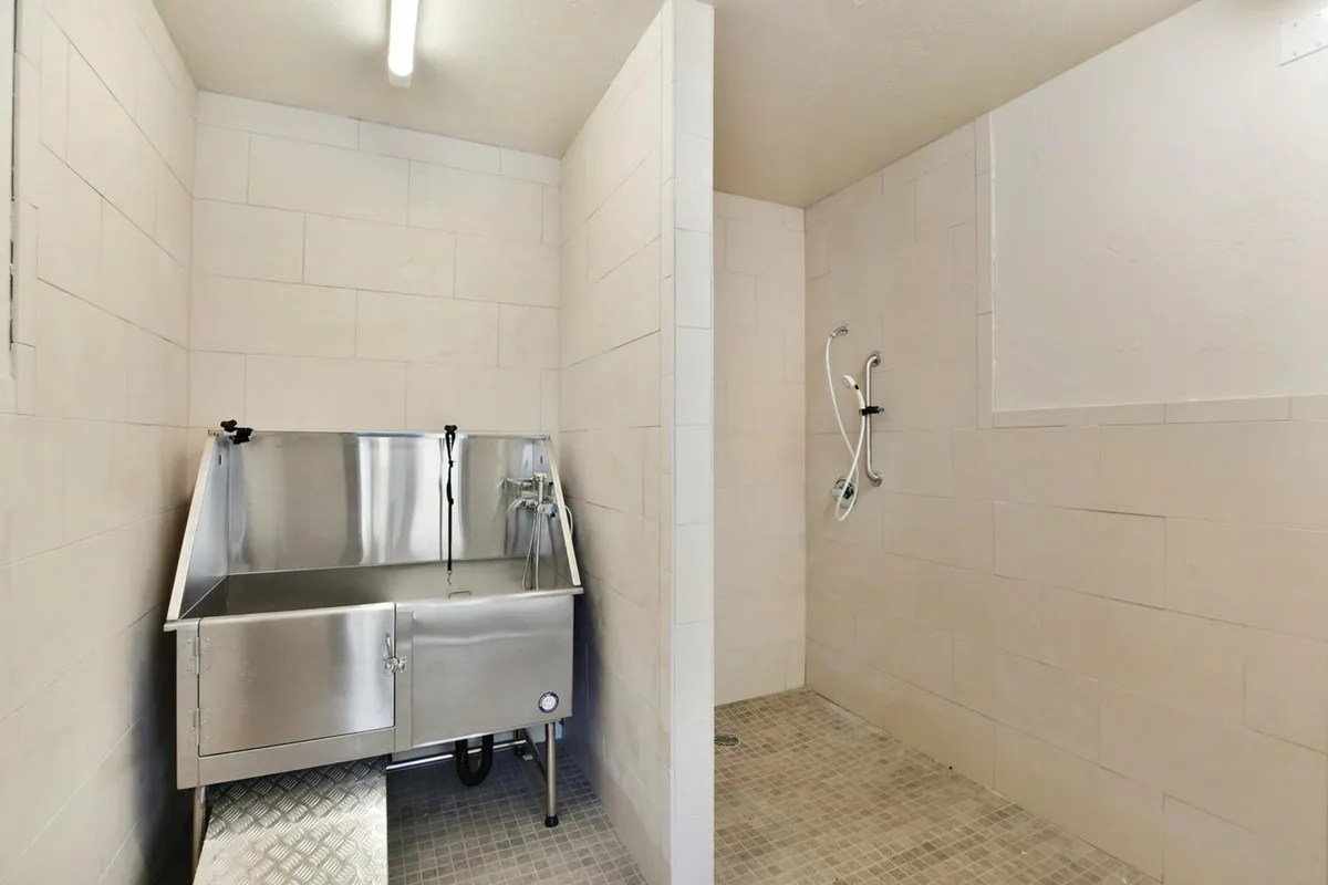 A dedicated dog wash station featuring a stainless steel sink, tiled flooring, and a shower area designed for easy pet care. The space is practical, clean, and clearly built for convenience after muddy or snowy outings with pets.