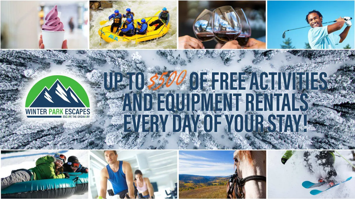 A vibrant collage of various outdoor adventures including white-water rafting, skiing, golfing, horseback riding, and families enjoying ice cream against scenic landscapes. The mood is fun and energetic, reflecting a wide range of activities.