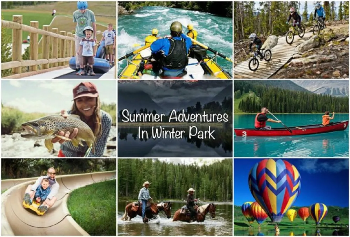 A vibrant collage of families and adventurers enjoying a variety of outdoor activities—white water rafting, biking, kayaking, horseback riding, watersliding, and even hot air ballooning—all set against scenic landscapes.